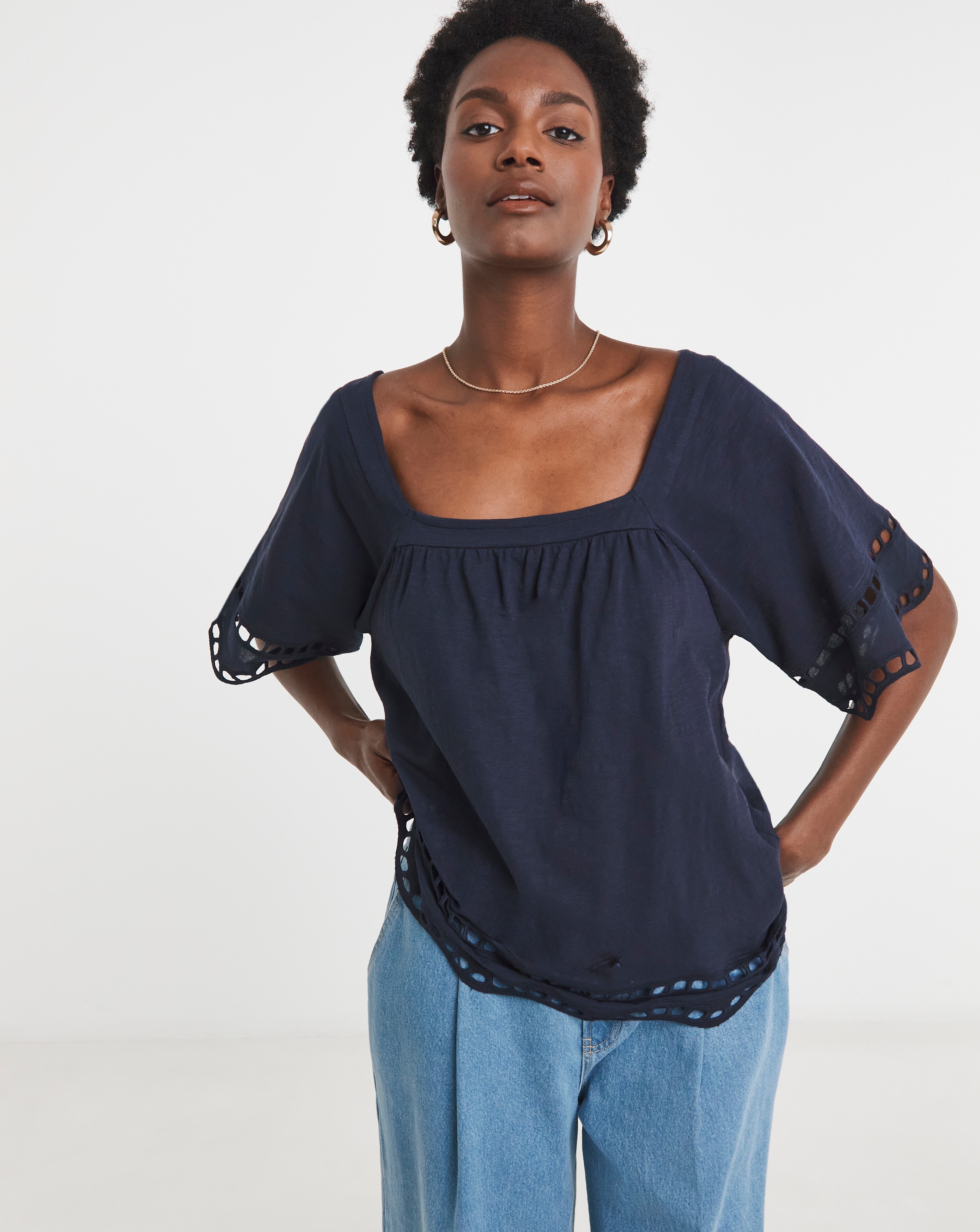 Pure Cotton Square Neck Broderie Sleeve and Hem Top | JD Williams