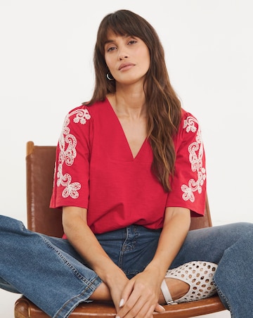 Pure Cotton V Neck Embriodered Sleeve Top