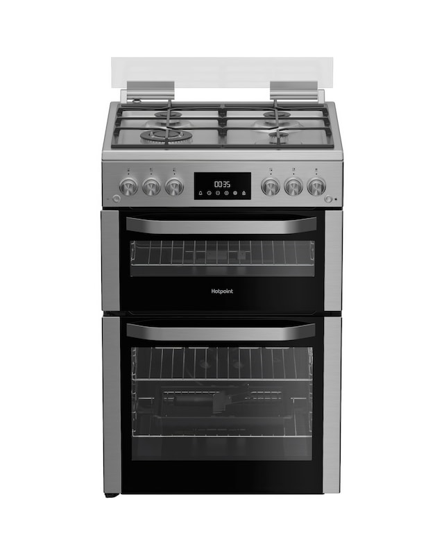 Hotpoint HDG6GDCWX 60cm Gas Double Cooker with Glass Lid - Stainless Steel