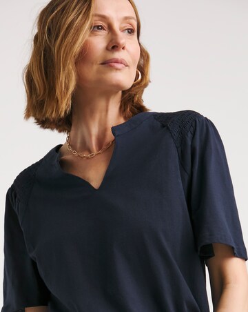Navy Shirred V Neck Angel Sleeve Top