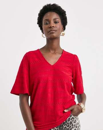 Pure Cotton Red Broderie V-Neck Angel Sleeve Top