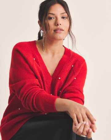 Simply Be Red V-Neck Pearl Cable Knit Jumper