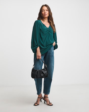 Green Ruched Front Balloon Sleeve Satin Top