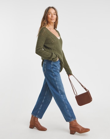 Khaki Pointelle All Over Stitch V Neck Tunic