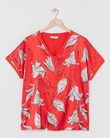 Red Floral Print V Neck Satin Front Top