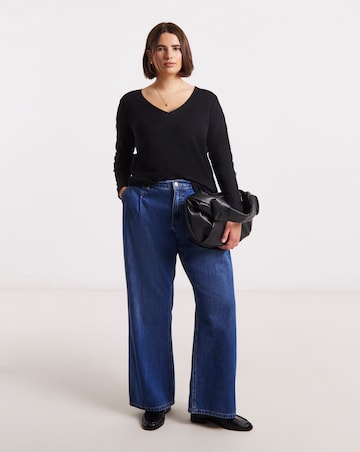 Simply Be Black Slash Neck Rib Top with Lace Sleeve Detail