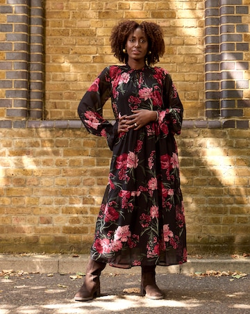 Shirred High Neck Tiered Maxi Dress