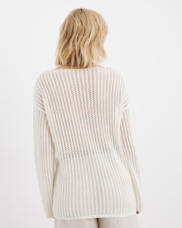 Ivory Long Sleeve Crew Neck Crochet Tunic