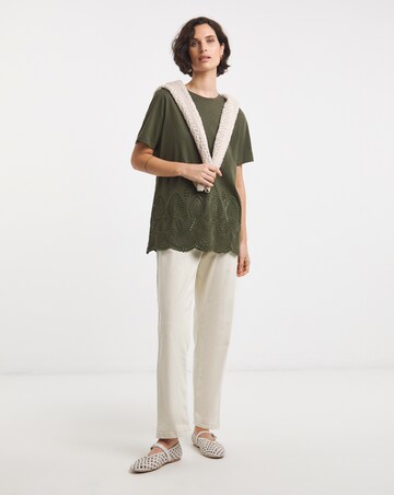 Pure Cotton Khaki Short Sleeve Broderie Hem Top