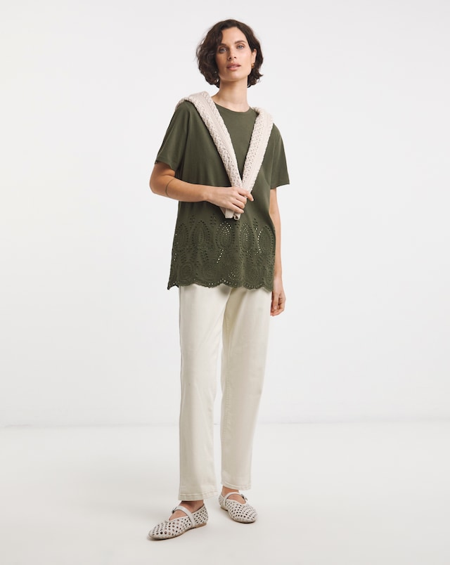 Pure Cotton Khaki Short Sleeve Broderie Hem Top