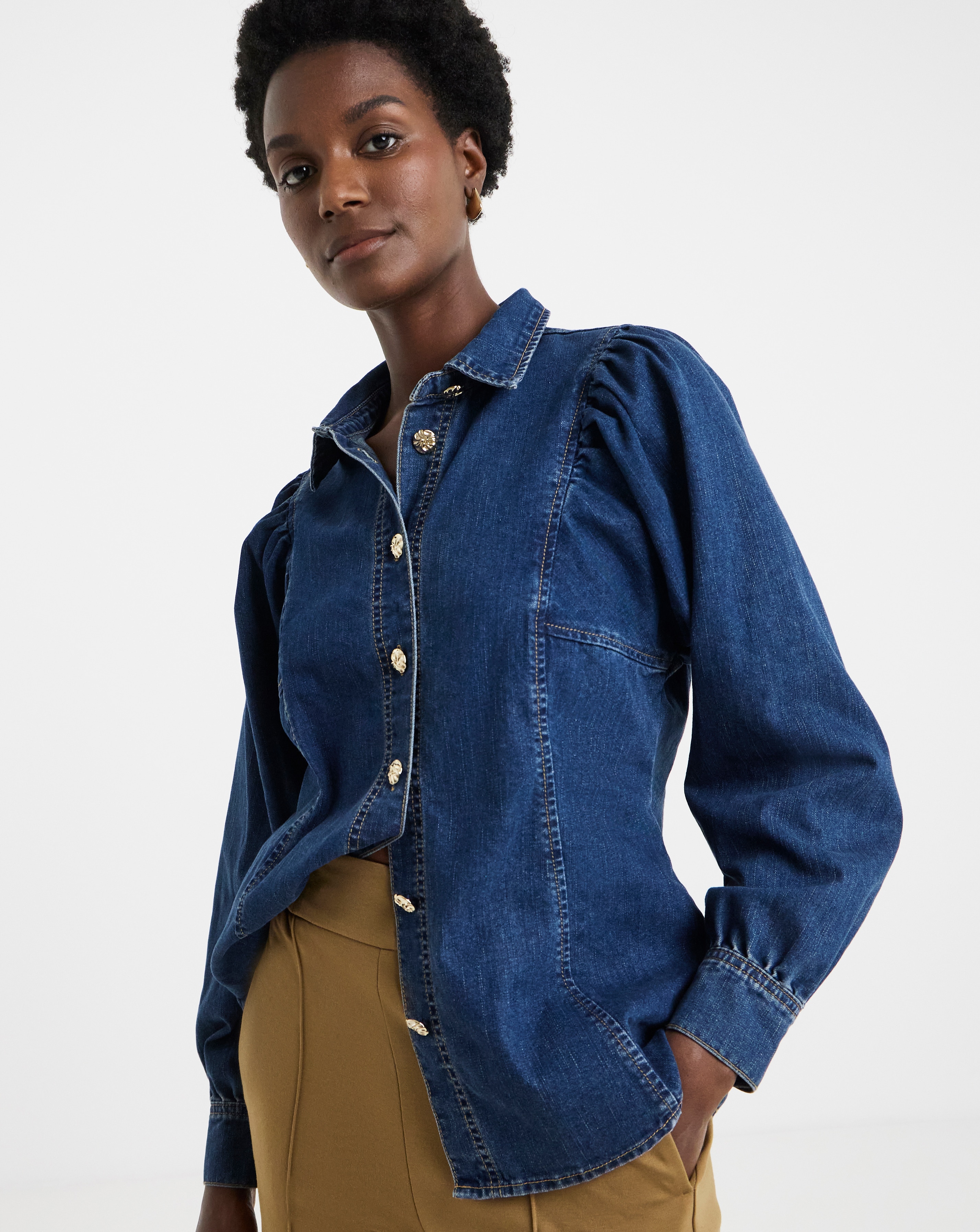 Pure Cotton Mid Blue Volume Sleeve Denim Top | JD Williams