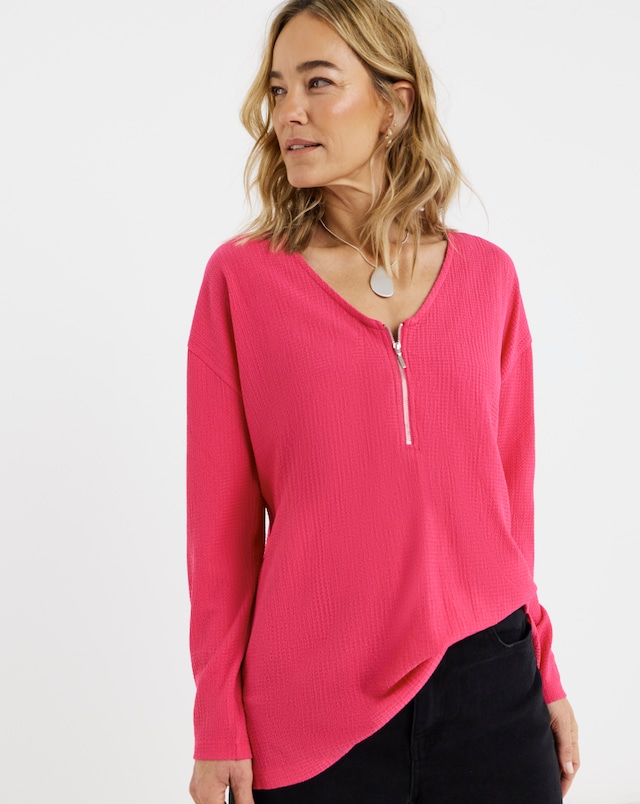 Pink Zip Front Long Sleeve Top