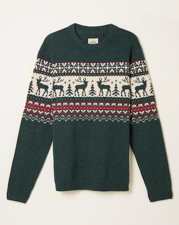 FatFace Reindeer Christmas Jumper (Regular & Tall) - Green