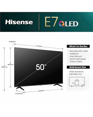 Hisense 50in 50E7NQTUK Smart 4K UHD HDR QLED TV with Amazon Alexa
