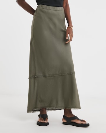 Khaki Linen Mix Frayed Hem Skirt