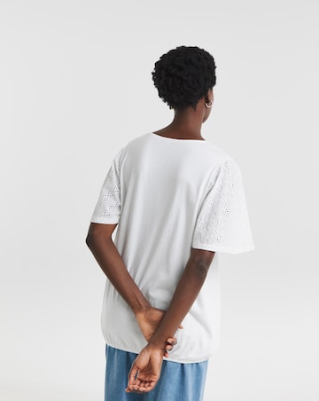 V-Neck Broderie Yoke and Sleeve Bubble Hem Top