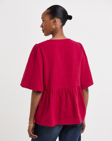 Trim Detail Pure Cotton Textured Short Sleeve Smock Top