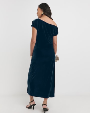 Velvet Asymmetric Neckline Midi Dress