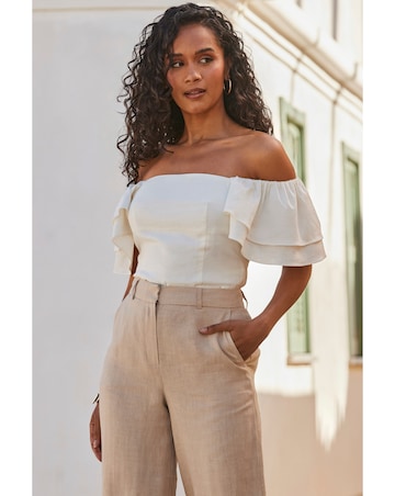 Sosandar Linen Blend Ruffle Sleeve Bardot Top