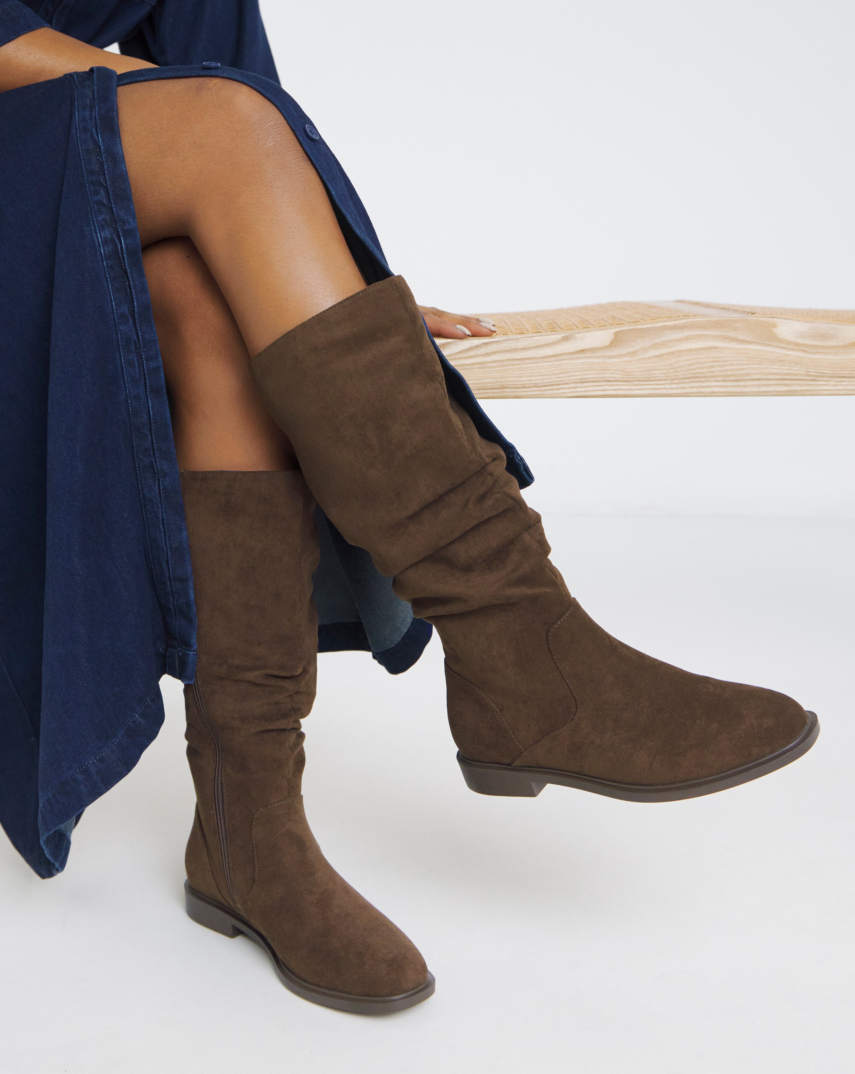 Pebble Knee High Ruched Boots - Wide Fit (E) & Standard Calf