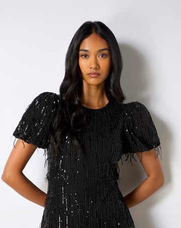 Ro&Zo Gina Black Fringe Sequin Puff Sleeve Midi Dress
