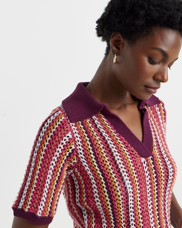 Crochet Stripe Knitted Short Sleeve Polo