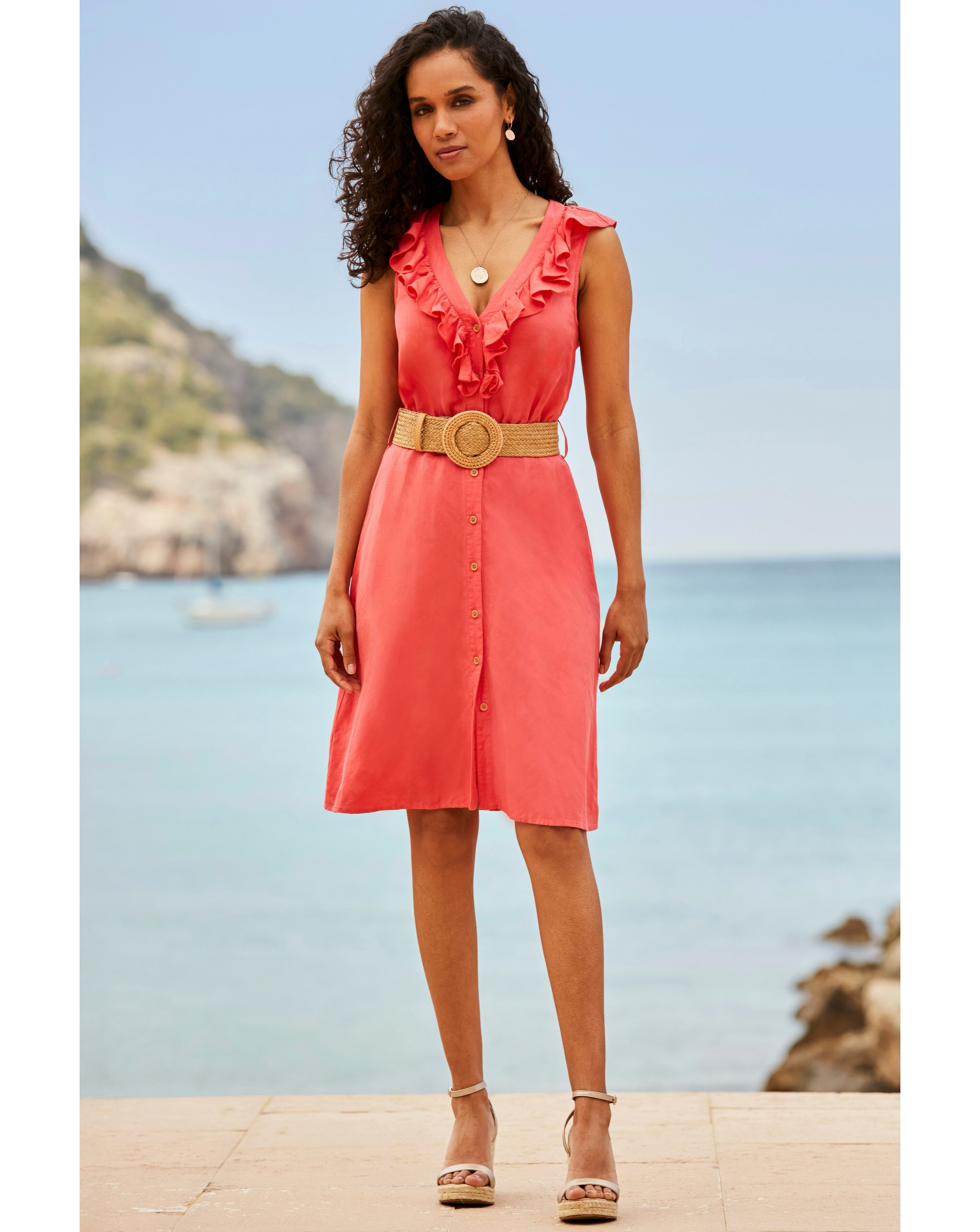 Sosandar Belted Ruffle Front Linen Dress | JD Williams