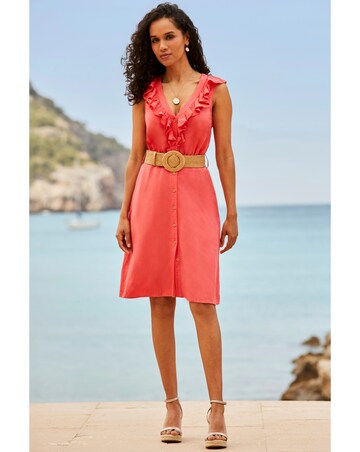 Sosandar Belted Ruffle Front Linen Dress