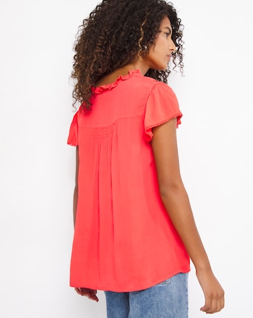 Red Short Sleeve Tie Neck Pleated Yoke Top