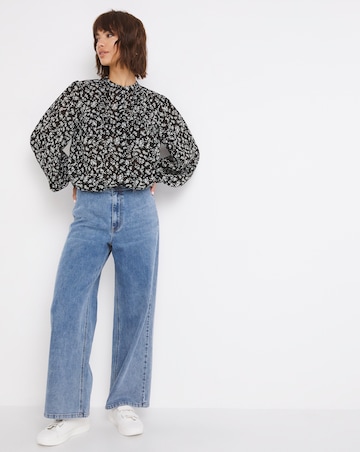 Mono Print Long Sleeve Pintuck Yoke Collarless Blouse