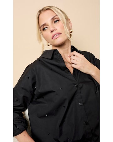 Little Mistress Black Cotton Pearl Embellished Shirt