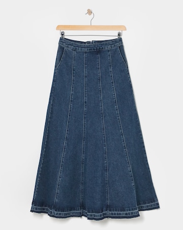 Indigo Raw Edge Fit and Flare Full Denim Skirt