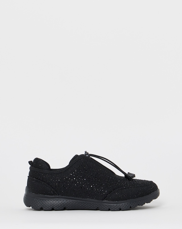 Cushion Walk Black Sparkle Diamante Toggle Trainers - Extra Fit (EEE)