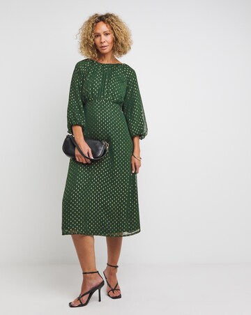 Puff Sleeve Tie Neck Lurex Dobby Dress