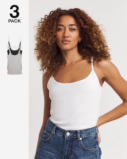 Pure Cotton Black White &amp; Grey 3 Pack Cami Vest