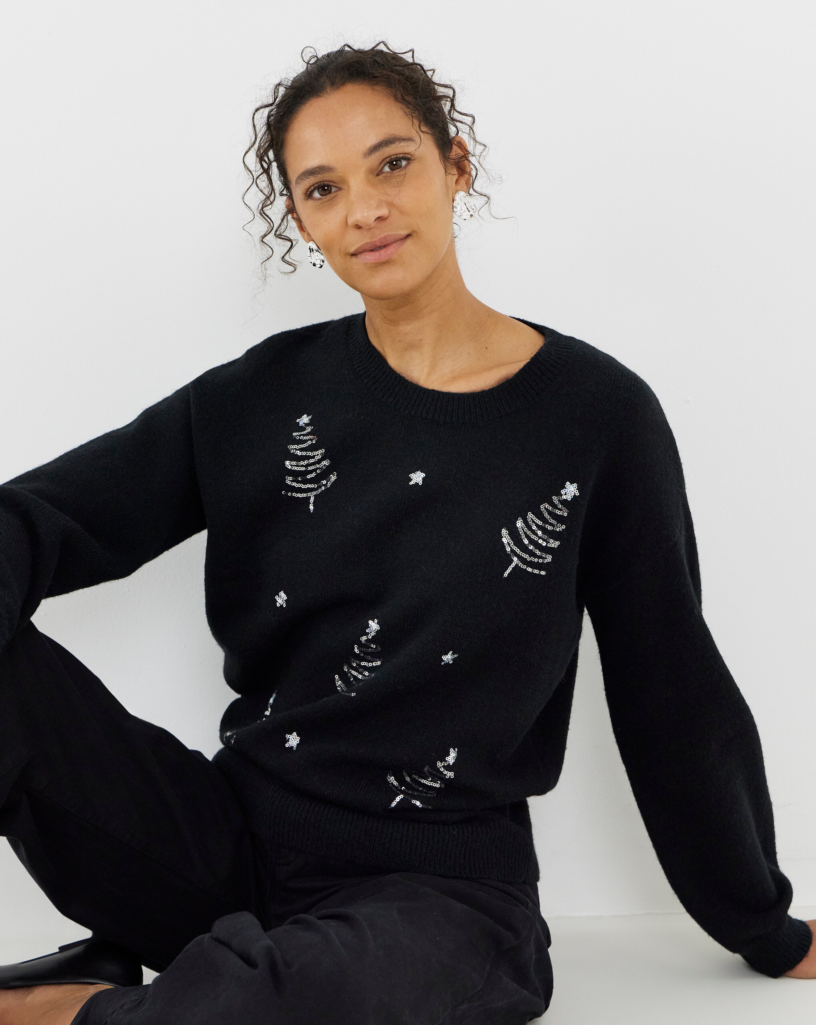 Black Sequin Tree Jumper