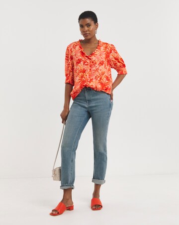 Tropical Print Crinkle Frill Trim Top