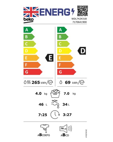 Beko 7.0 kg Washer Dryer BLACK WDL742431B