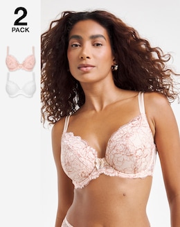 Pretty Secrets (2 Pack) Ella Lace Padded Plunge Wired Bras (B-J) Blush/White