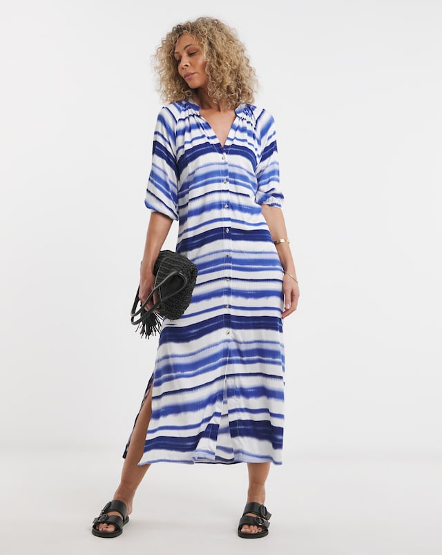 Tie Dye Kaftan Button Through Shirt Dress With Side Slits