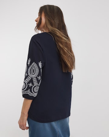 Pure Cotton Broderie 3/4 Length Sleeve Crew Neck Top