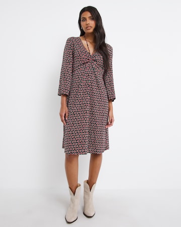 Geo Print Ruched Tie Neck A-Line Dress