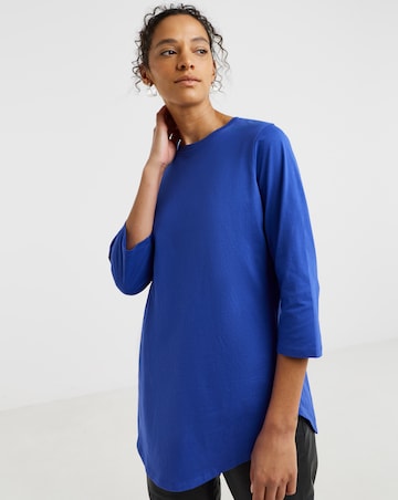 Blue Longline Curved Hem 3/4 Sleeve Top