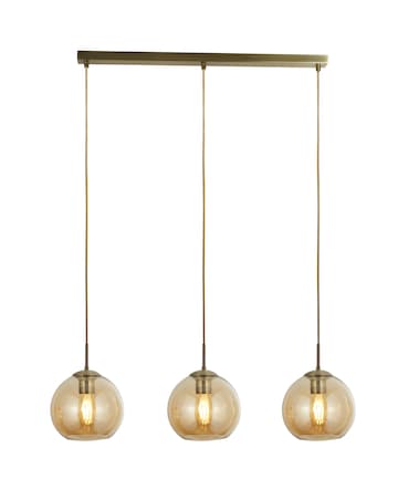 3 Light Antique Brass and Amber Glass Ball Ceiling Bar Pendant