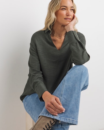 Womens Collar Detail Long Sleeve Blouse - Khaki