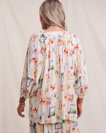 Julipa Postcard Print Textured Crinkle Blouse