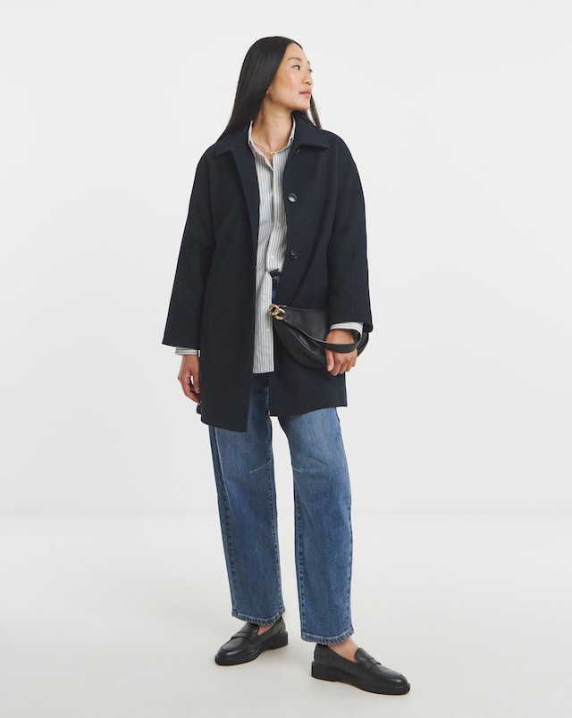 Navy High Collar Button Front Lined Coat