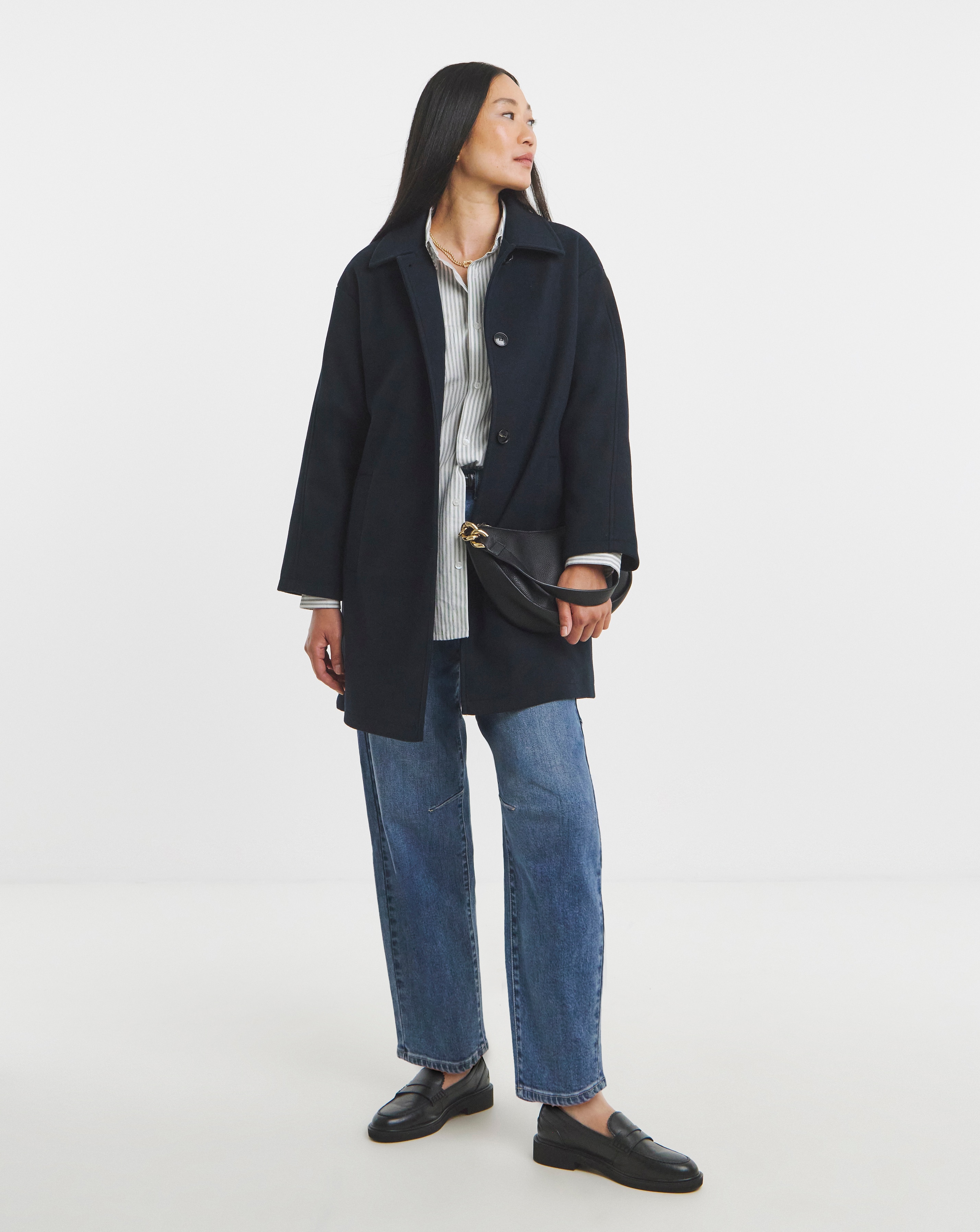 Navy High Collar Button Front Lined Coat