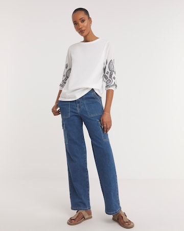 Broderie 3/4 Length Sleeve Crew Neck Top