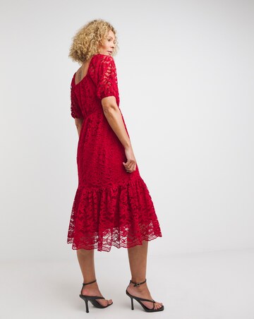 Red Square Neck Puff Sleeve Lace Dress